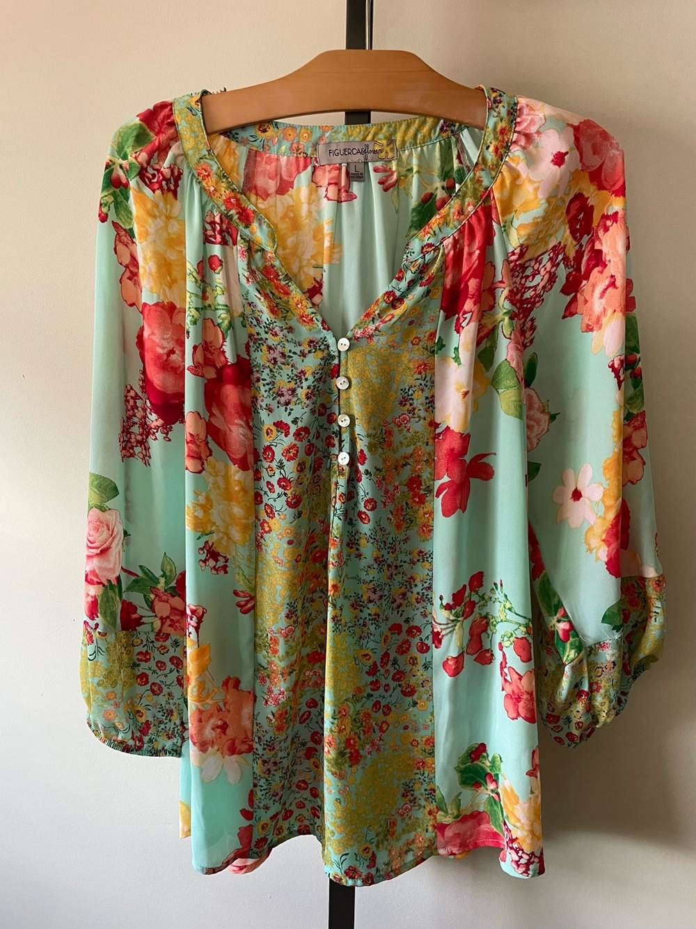 Figueroa & Flower Floral Tunic Blouse Front Shell Buttons Cottagecore Boho Large